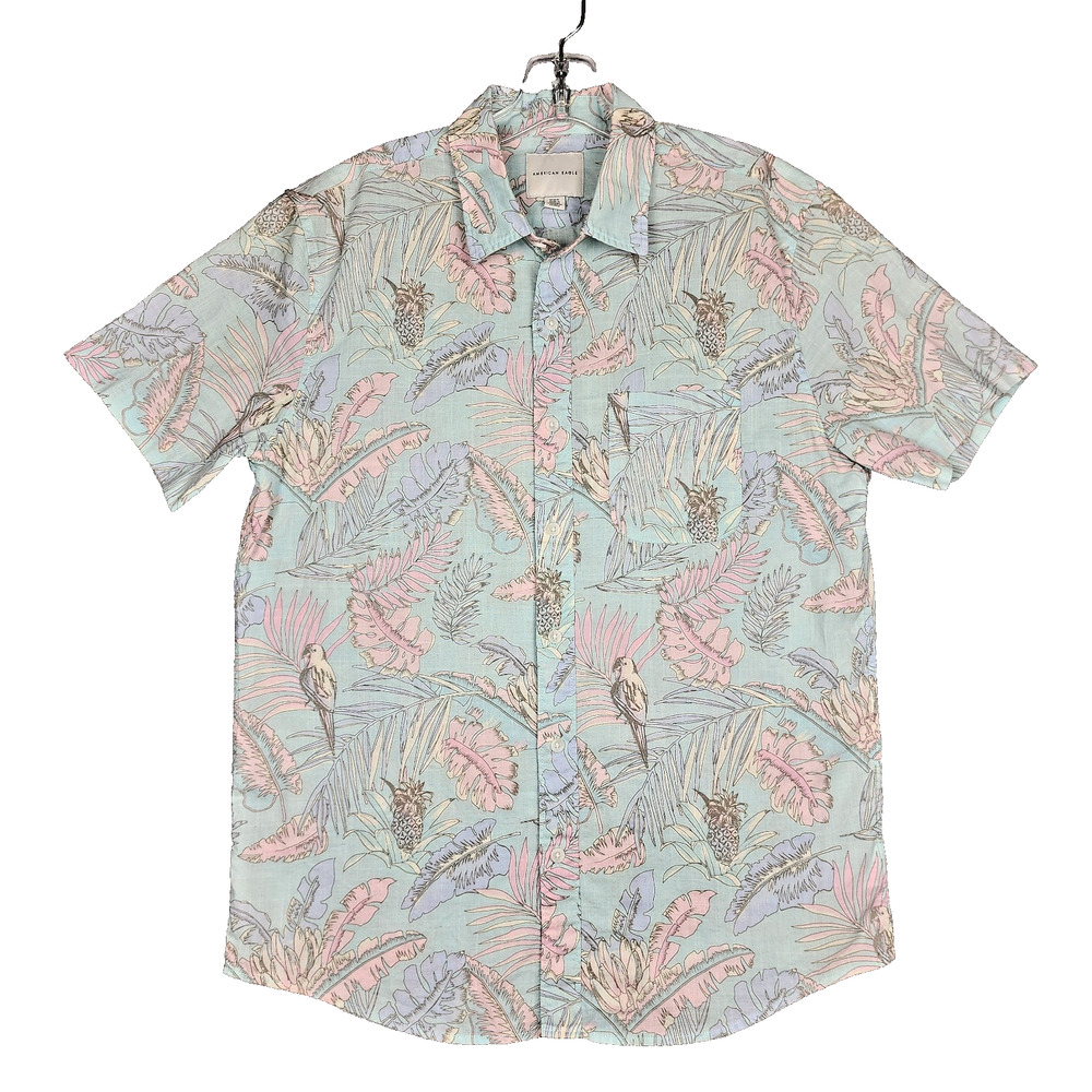 American Eagle Men's Short Sleeve Shirt Button Up Tropical Pastel Medium Island